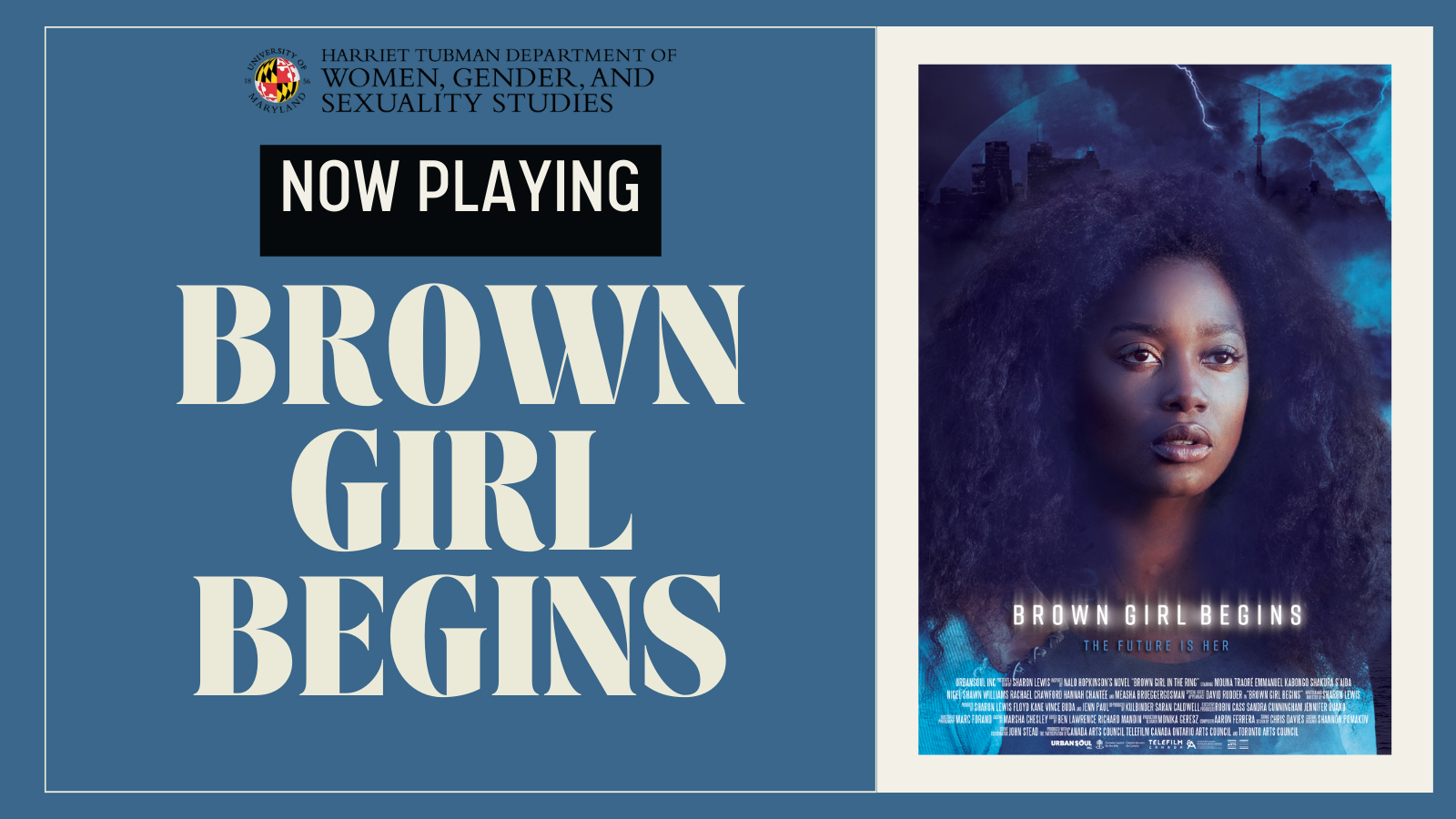 The title Brown Girl Begins next to an image of the movie poster. A black woman stares off into the distance against a swirling blue abstract background