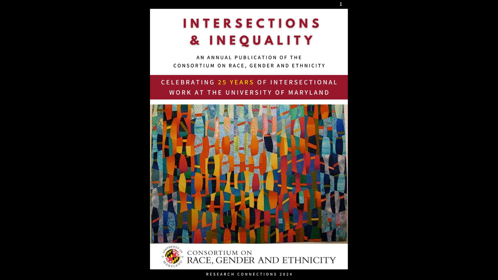 The cover of Intersections & Inequality for 2024 featuring an abstracted quilted work of art on a white background with black and red text. The CRGE logo is displayed along the bottom of the cover.